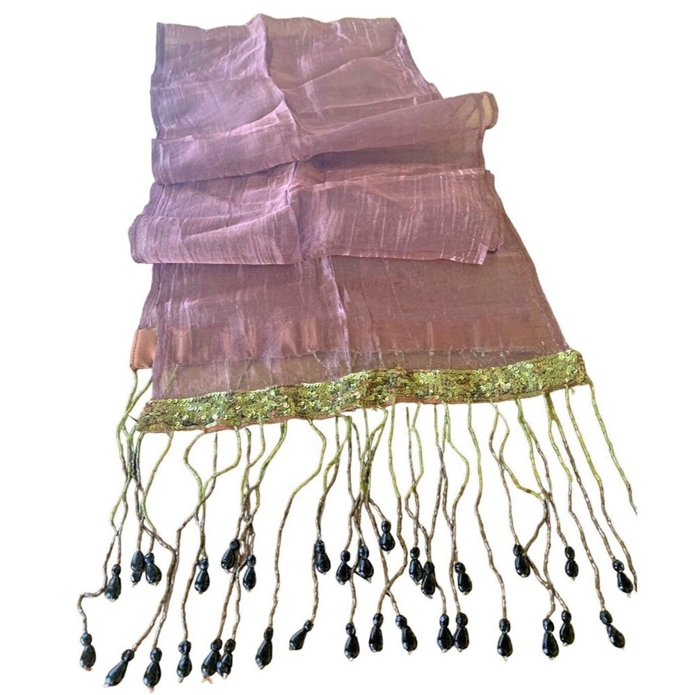 Wayne Kleski Organza Flapper Glass Bead Fringe Sequined Scarf Vintage Designer